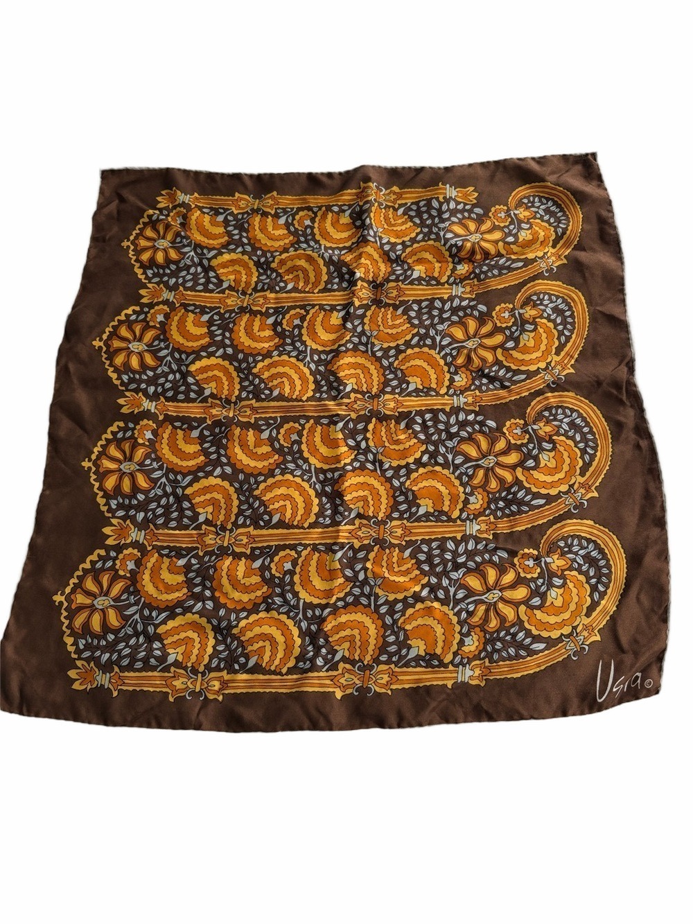 Vera Vintage Silk Floral Fan Print Scarf 22β Square Brown Yellow